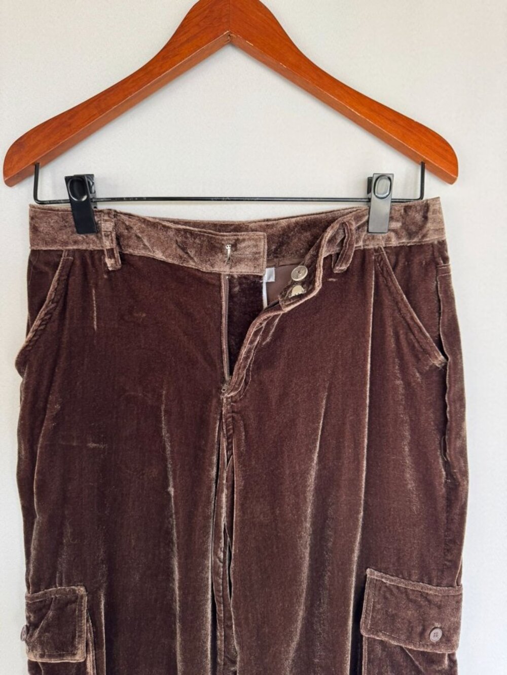 Y2k Metro 7 Chocolate Brown Crushed Velvet Mid Rise Cargo Jogger Capris Size 6 - Picture 4 of 13